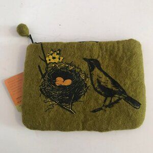 Fibres Of Life Small Wool Single Pocket Clutch Moss Green Bird, Nest, Eggs NWT